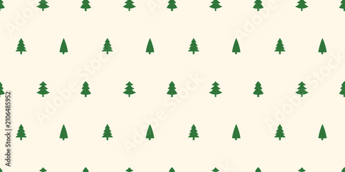 Simple Christmas tree seamless pattern with green pine trees on beige background. Minimalist winter forest surface texture for gift wrapping paper and decor.