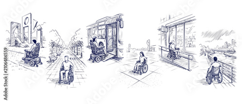 Tableau sur toile Wheelchair accessibility sketch vector illustration showing disabled people navigating inclusive urban environments, using ramps, boarding buses, and visiting parks for barrier free city mobility