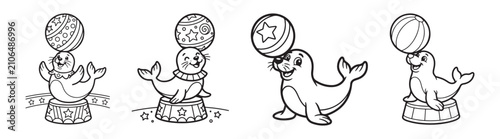 Circus seal coloring book vector set, cute sea lion balancing ball on nose, black and white cartoon animal illustrations for kids activity