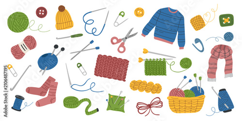 Knitting and crochet supplies cliparts set in a flat style isolated on a white background. Vector collection of objects.