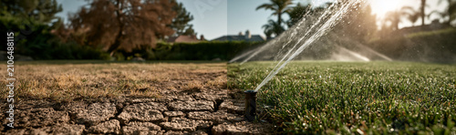 Drought vs. Irrigation: A stark comparison of arid, parched land beside a lush, green lawn being watered by a sprinkler system under the warm sun.