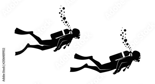 Bild auf Leinwand Two scuba divers with equipment black silhouette