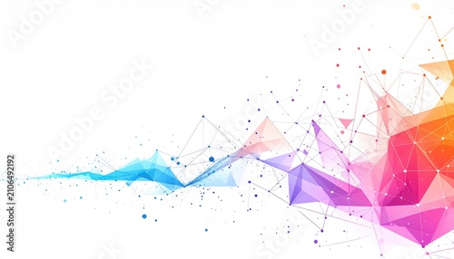 Abstract connected network of lines, triangles, and dots forming a colorful shape on a plain white background