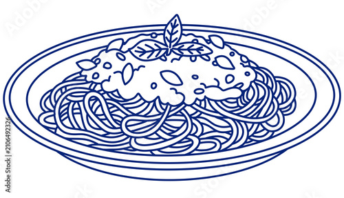 Foto Line sketch illustration of Italian spaghetti with tomato sauce and basil, isola