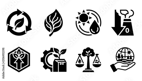 Icons Set Showing Ecology, Recycling, Bioenergy, Sustainability, and Environmental Protection Concepts