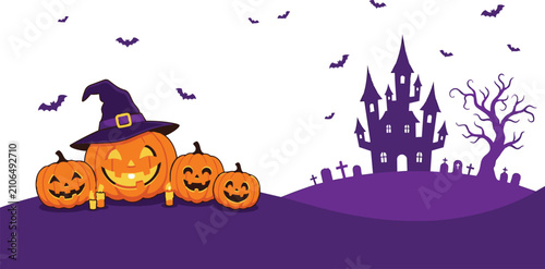 Spooky halloween landscape featuring smiling jack-o-lantern pumpkins, a haunted castle, and bats against a purple background