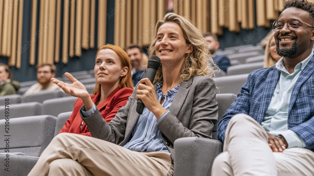 Fototapeta premium Questioning a Speaker: A confident woman holds a microphone and asks a question during a conference or lecture, engaging with the audience and sharing her thoughts, while others listen attentively.