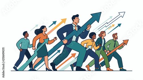 Diverse group of people running forward with rising arrows representing progress