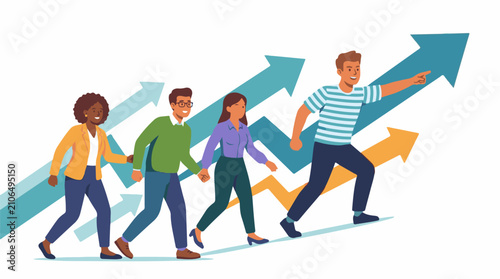 Diverse group of people walking up a series of upward pointing arrows