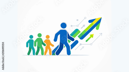 Diverse group of people walking towards a vibrant upward-trending arrow