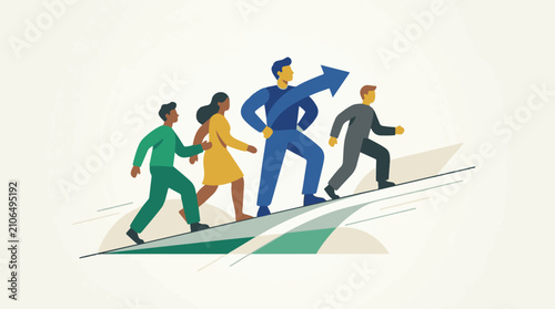 Diverse group of people walking uphill led by a figure with a blue arrow