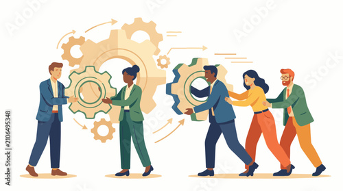 Diverse group of professionals collaborates to move gears symbolizing teamwork and progress