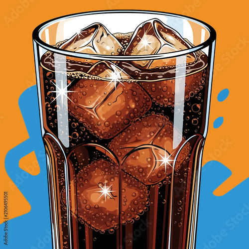 A refreshing glass of dark soda with sparkling ice cubes and effervescent bubbles on a vibrant orange and blue background.