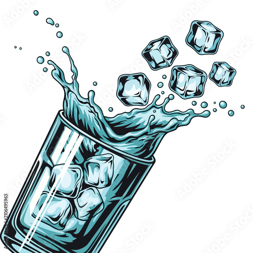 Dynamic illustration of a glass of water with ice cubes splashing out, depicting refreshment and movement.