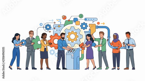 Diverse people collaborate to build a complex system with gears