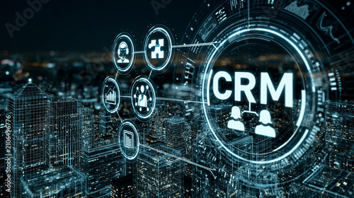 CRM Business Technology Interface: A futuristic digital interface showcases the concept of Customer Relationship Management (CRM) with icons representing various business functions.
