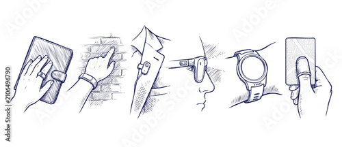 Foto Smart devices wearable technology sketch icons set showing smart ring, glasses, watch, and fitness tracker on hand and face for modern tech lifestyle concept vector hand-drawn line art illustration