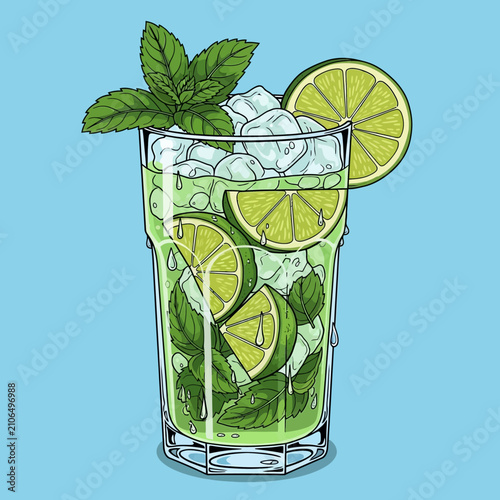 Refreshing mojito cocktail illustration with ice, lime slices, and fresh mint leaves on a light blue background.