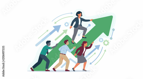 Diverse people climb a green arrow representing upward growth