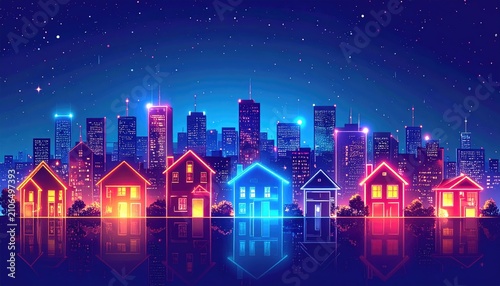 Luminous cityscape houses glow warmly against a vibrant blue skyline, reflected in shimmering water, digital art style