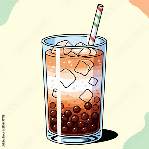 An illustrated glass of refreshing bubble tea with ice and a striped straw, featuring tapioca pearls at the bottom.