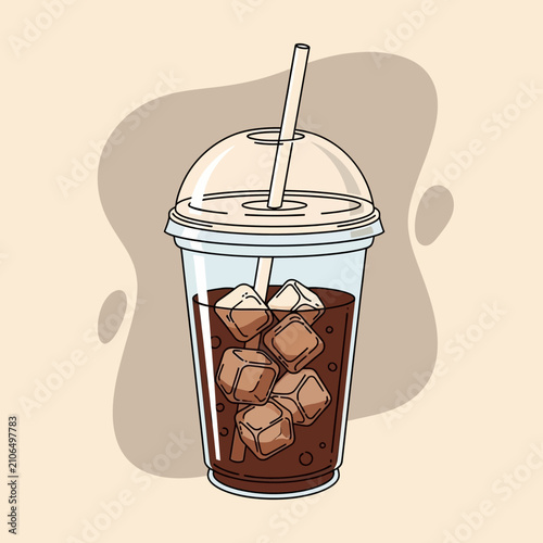 Refreshing iced coffee drink in a clear plastic cup with ice cubes and a straw, on a light background.