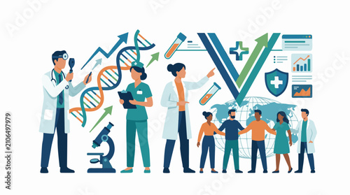 Diverse healthcare professionals collaborate on global scientific research and advancements