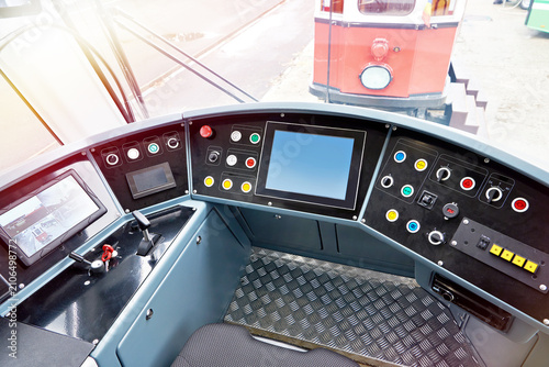 Modern Tram Driver Cabin with Digital Control Panel