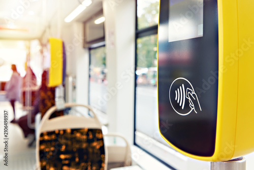 Cuadro en lienzo Contactless Fare Payment Validator Inside Modern Tram Interior
