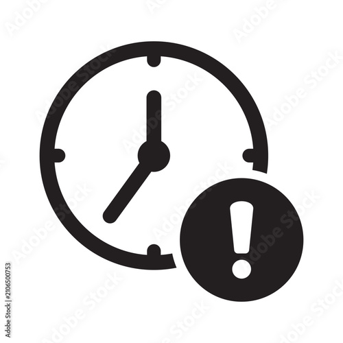 Clock icon with exclamation mark badge. Black outline time watch face with solid alert warning symbol, expired time, deadline, urgent delay and timeout concept.