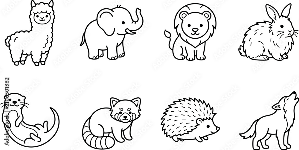 Fototapeta premium Cute Woodland Animal Cartoon Coloring Page Outline Vector Set Featuring Alpaca Elephant Lion Rabbit Otter Red Panda Hedgehog and Wolf Characters