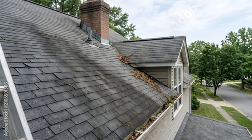 Damaged chimney flashing and missing shingles on aging house roof
