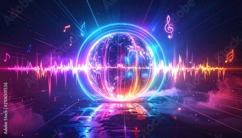 Neon orb with music notes and sound waves radiating outward in a space background with clouds and a reflective surface