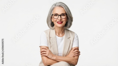 Elegant senior woman with grey hair wearing glasses isolated on white background
