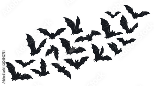 Bild auf Leinwand Halloween bat silhouettes flying in a swarm, black spooky bats vector set, flyin