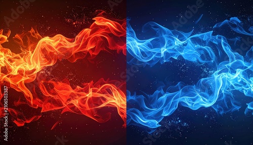 Abstract wavy fiery elements in contrasting colors, red and blue, against a dark space