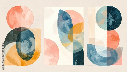 Three abstract, layered artwork panels featuring circular, geometric shapes in coral, blue, and beige hues on a neutral backdrop