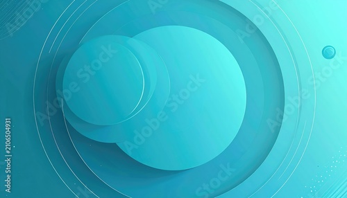 Abstract turquoise layers circles overlap on light blue gradient with curved, thin white lines and scattered white dots