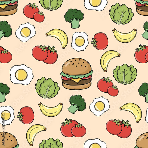 Pattern Seamless Food Doodle Collection Cute Fruits Vegetables Healthy Food Hand Draw Repeat Pattern Food Illustration for Fabric Digital Paper Background