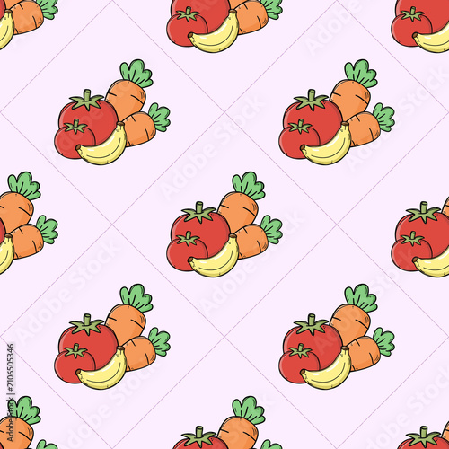 Pattern Seamless Food Doodle Collection Cute Fruits Vegetables Healthy Food Hand Draw Repeat Pattern Food Illustration for Fabric Digital Paper Background