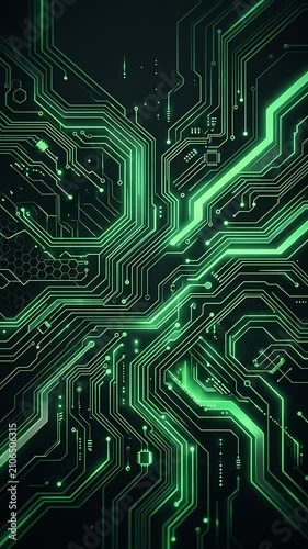 Futuristic Circuitry Visualization Featuring Glowing Digital Pathways and Neon Green Lines Inspired by Advanced Technology Scenes