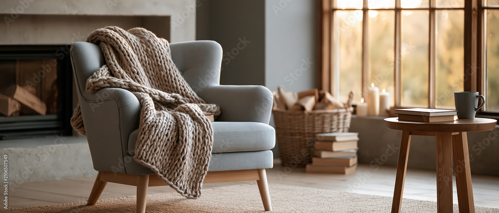 Obraz premium Warm Scandinavian inspired reading nook invites slow living comfort. Chunky knit throw draped over armchair, fireplace, candles, books, and coffee mug create perfect hygge atmosphere.