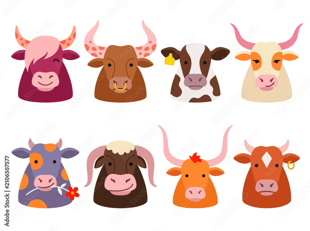 Fototapeta premium Cute Cartoon Cow and Bull Face Vector Character Set