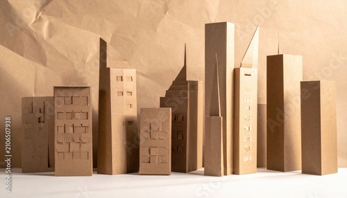 Paper-crafted cityscape model on crumpled brown paper creating shadows and depth in neutral, muted, soft lighting