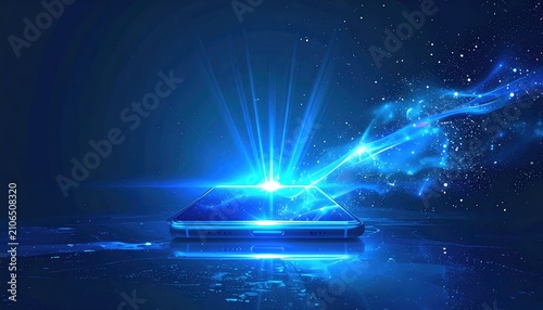 Phone on reflective surface with glowing blue lines and nebula