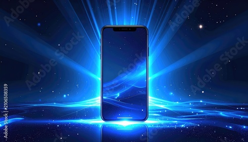 Smartphone shines in blue light beams, set against a starry backdrop with wave-like patterns