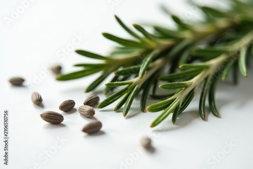 Aromatic Rosemary Sprigs with Scattered Seeds, Evoking Freshness and the Essence of Nature's Bounty