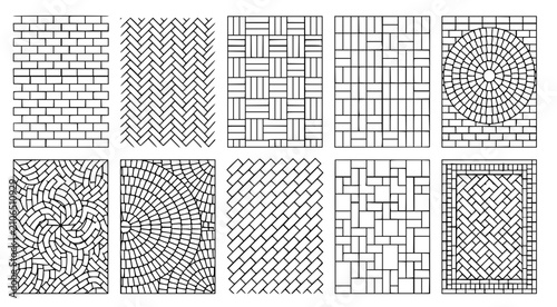 Set of ten different paving patterns for architectural landscaping and floor design featuring geometric stone brick and tile layouts for garden pathways and patio construction in a vector illustration