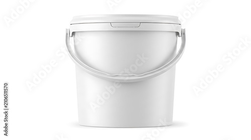 Empty white plastic bucket with a handle for industrial paint or food storage container mockup design. 5 gallon pail