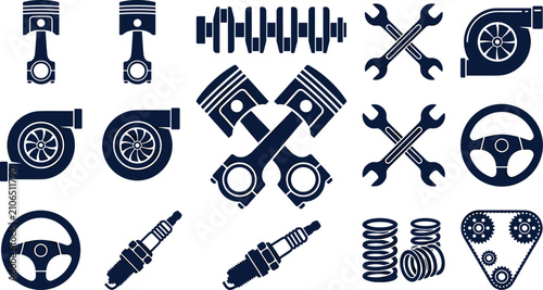 Car engine parts and auto repair silhouette icons set featuring pistons turbocharger spark plugs and wrenches,